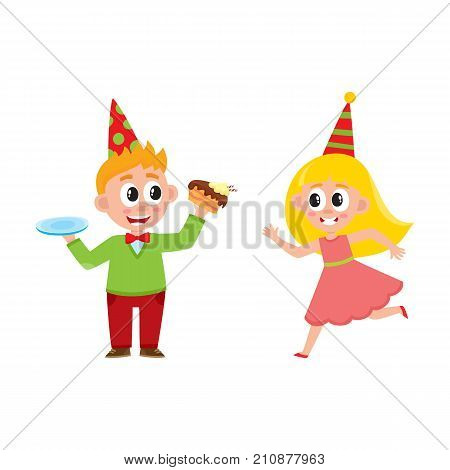 vector flat cartoon boy kid in party hat eating sweet piece of cake, girl running smiling . isolated illustration on a white background. Kids patty concept