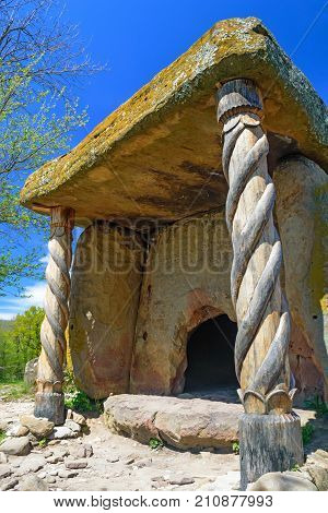 Close up beautiful stone dolmen on sunny day