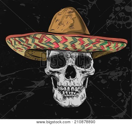 Mexican skull vector with sombrero with background