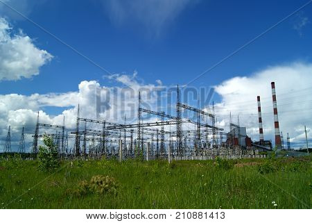 RUSSIA PERM - JUNE 12 2015: Electrical substation on thermal power station in Dobryanka Perm Krai