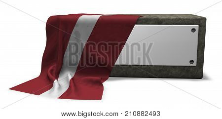 stone socket with blank sign and flag of latvia - 3d rendering