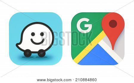 Kiev Ukraine - October 06 2017: Collection of popular navigation icons printed on paper: Google Maps and new Waze icon