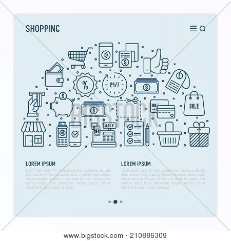 Shopping concept in half circle with thin line icons: cashbox, payment, pos terminal, piggy bank, sale, currency, credit card, trolley. Template for web page of online shop. Vector illustration.