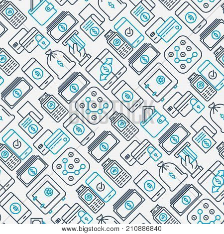 Payment seamless pattern with thin line icons related to credit card, money flow, saving, atm, mobile payment. Vector illustration of banner, web page, print media.