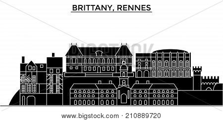 France, Brittany, Rennes architecture vector city skyline, black cityscape with landmarks, isolated sights on background
