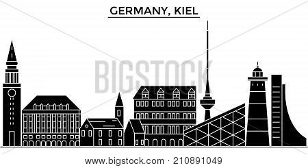 Germany, Kiel architecture vector city skyline, black cityscape with landmarks, isolated sights on background