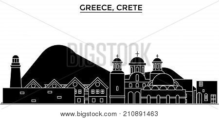 Greece, Crete architecture vector city skyline, black cityscape with landmarks, isolated sights on background