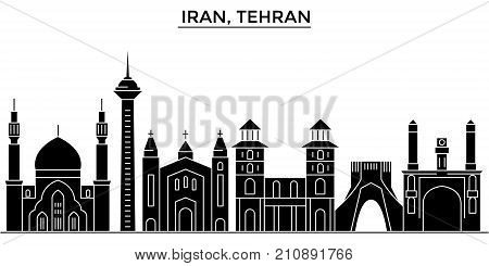 Iran, Tehran architecture vector city skyline, black cityscape with landmarks, isolated sights on background