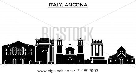 Italy, Ancona architecture vector city skyline, black cityscape with landmarks, isolated sights on background