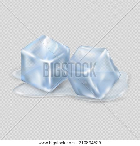 Two cool and shiny ice cubes lying in small amount of melted water isolated on transparent background vector illustration.