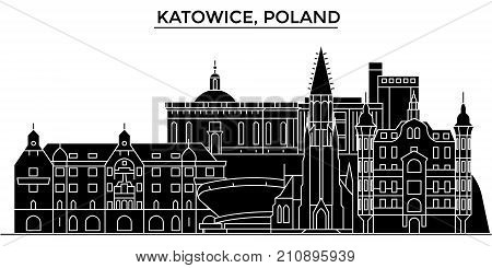Poland, Katowice architecture vector city skyline, black cityscape with landmarks, isolated sights on background