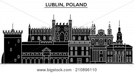 Poland, Lublin architecture vector city skyline, black cityscape with landmarks, isolated sights on background