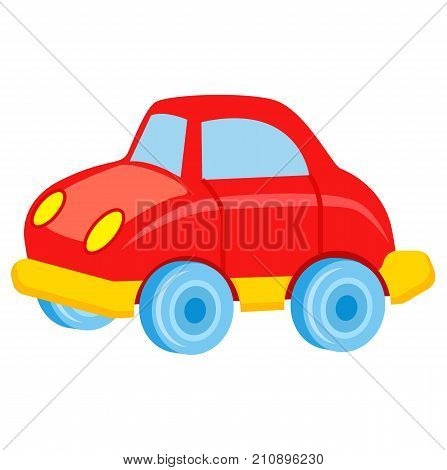 Red toy car with blue wheels and windows and yellow bottom isolated vector illustration. Boyish toy for entertainment in flat style