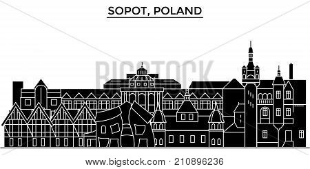 Poland, Sopot architecture vector city skyline, black cityscape with landmarks, isolated sights on background
