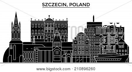 Poland, Szczecin architecture vector city skyline, black cityscape with landmarks, isolated sights on background