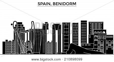 Spain, Benidorm architecture vector city skyline, black cityscape with landmarks, isolated sights on background