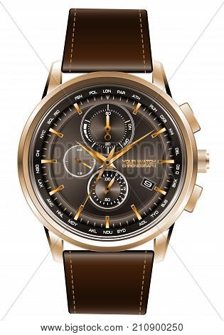 Gold watch chronograph brown leather strap on white background vector illustration.