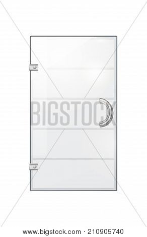Transparent door isolated on white background. Vector illustration of isolated clear glass door with long doorhandle. Mock up decorative object of shops, boutiques for entrance and exit