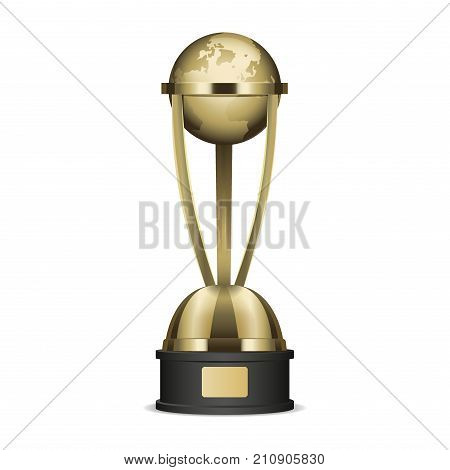Golden trophy cup with planet Earth graphic icon. Vector illustration of realistic trophies isolated on white. Gold reward on black base with nameplate. Hand drawn pattern cartoon style flat design.
