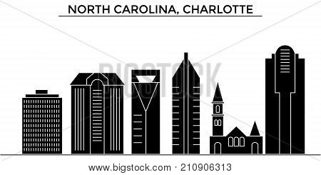 Usa, North Carolina, Charlotte architecture vector city skyline, black cityscape with landmarks, isolated sights on background