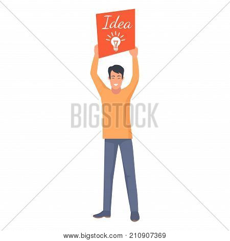 Smiling male holding orange card with white luminous light bulb and word idea. Young manager with new brainchild, vector illustration of startup