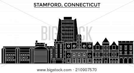 Usa, Stamford, Connecticut architecture vector city skyline, black cityscape with landmarks, isolated sights on background