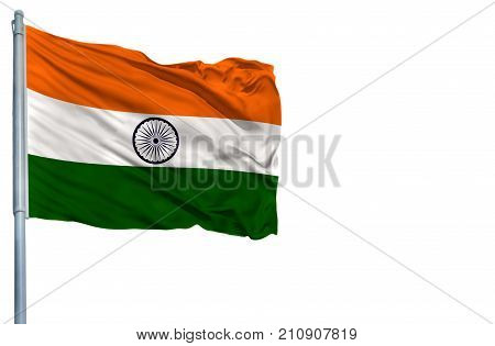 National flag of India on a flagpole, isolated on white background.