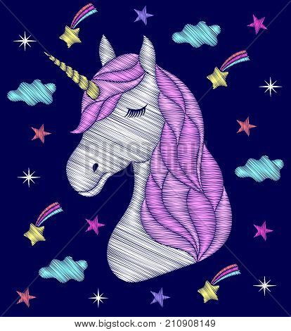 Embroidery design. Head of unicorn on  dark blue background.