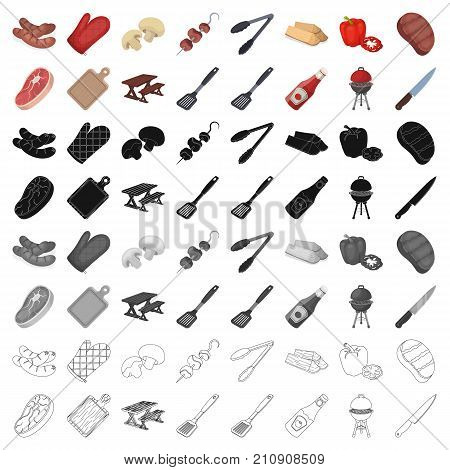 Meat, steak, firewood, grill, table and other accessories for barbecue.BBQ set collection icons in cartoon style vector symbol stock illustration .