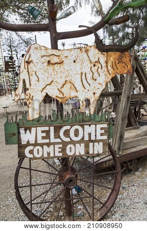 Oro Grande California USA - September 03 2017: Bottle Tree Ranch located on historic Highway Route 66.