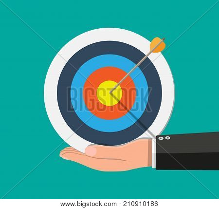 Hand of businessman hold target with arrow. Goal setting. Smart goal. Business target concept. Achievement and success. Vector illustration in flat style