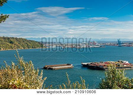 A view of the Port of Tacoma and Mount Rainier.