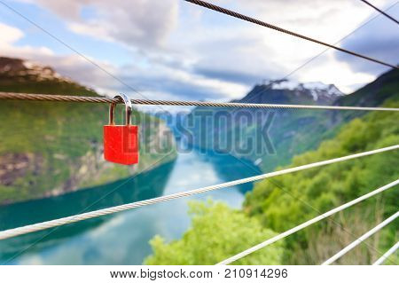 Red Padlock And Geirangerfjord From Flydasjuvet Viewpoint Norway