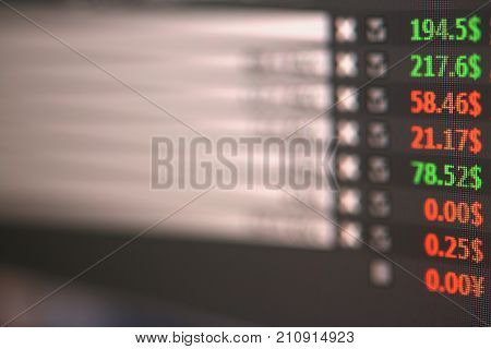 Stock rates stats in us dollars closeup from digital device display monitor. Usd quotes trader electronic update cash savings management move analysis economic progress growth graphic web application