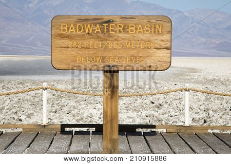 Badwater Basin Sign in Death Valley National Park California USA.