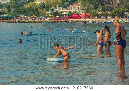 Budva, Montenegro - August 27, 2017: Panorama of the modern beach town of Budva, Montenegro, Europe. Budva is one of the best and most popular resorts of the Adriatic Riviera.