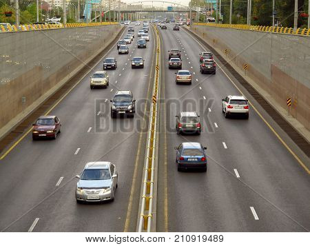 Almaty Kazakhstan - September 23 2017: Traffic jam in the rush hour on Sain avenue it is one of the main roads in the city of Almaty