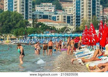 Budva, Montenegro - August 27, 2017: Panorama of the modern beach town of Budva, Montenegro, Europe. Budva is one of the best and most popular resorts of the Adriatic Riviera.