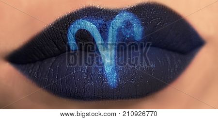 Trendy Creative Lip Makeup. Closeup Shiny Glossy Lips With Aries Zodiac Sign. Women Horoscope.