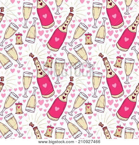 Seamless pattern with champagne bottle and glasses for Christmas and holidays decorations. Wrapping paper design
