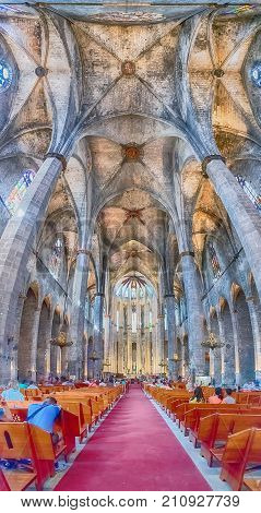 Interior Of Santa Maria Del Mar In Barcelona, Catalonia, Spain