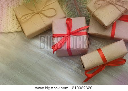 Christmas gift boxes in kraft paper and