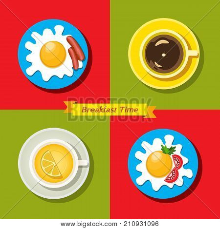 Food icon set. Breakfast time. Fried eggs sausages coffee lemon tea. Freehand drawn cartoon retro style. Colorful morning cooked meal. Vector template for cooking sign project banner background