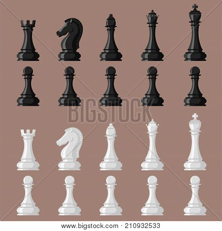 Chess board and chessmen vector leisure. Concept knight group white and black piece competition. Strategy play leisure battle choice tournament.