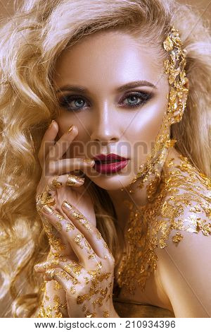 Beauty Woman ,  Blond  Hair , Professional Make-up , Gold Color.