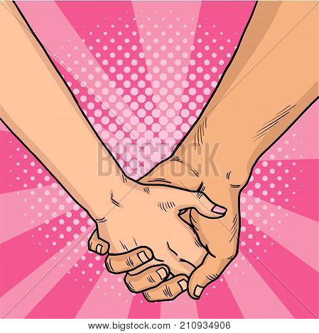 Hands of lovers comic style. Two lovers crossed their arms. Valentine's Day. Pink background. Vintage pop art retro vector illustration. EPS 10.