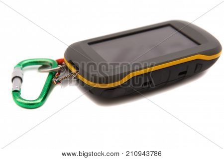 Handheld GPS device with carabiner on white background