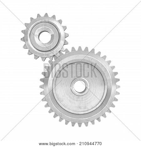 3d rendering of a two metal gears of different size connected to each other on a white background. Gear box parts. Increasing and reduction gear. Machinery parts.