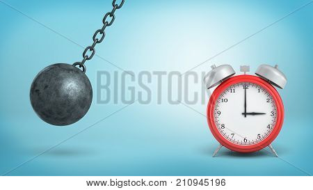 3d rendering of a large red alarm clock stands intact in danger of being hit by an iron wrecking ball. Time wasters. Losing time. Business schedule.