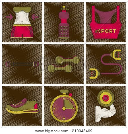 Set of flat shading style icons Fitness equipment